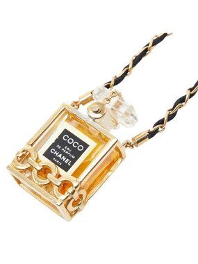 Chanel Perfume Bottle Chain Pendant Necklace Black Gold Plated Glass Fabric